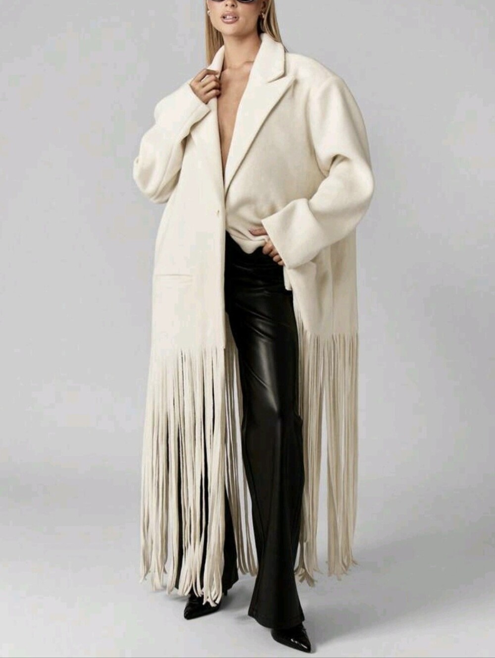 Women Oversized Winter Coat Midi Length Fringe Detail Maxi Coat Elegant Evening